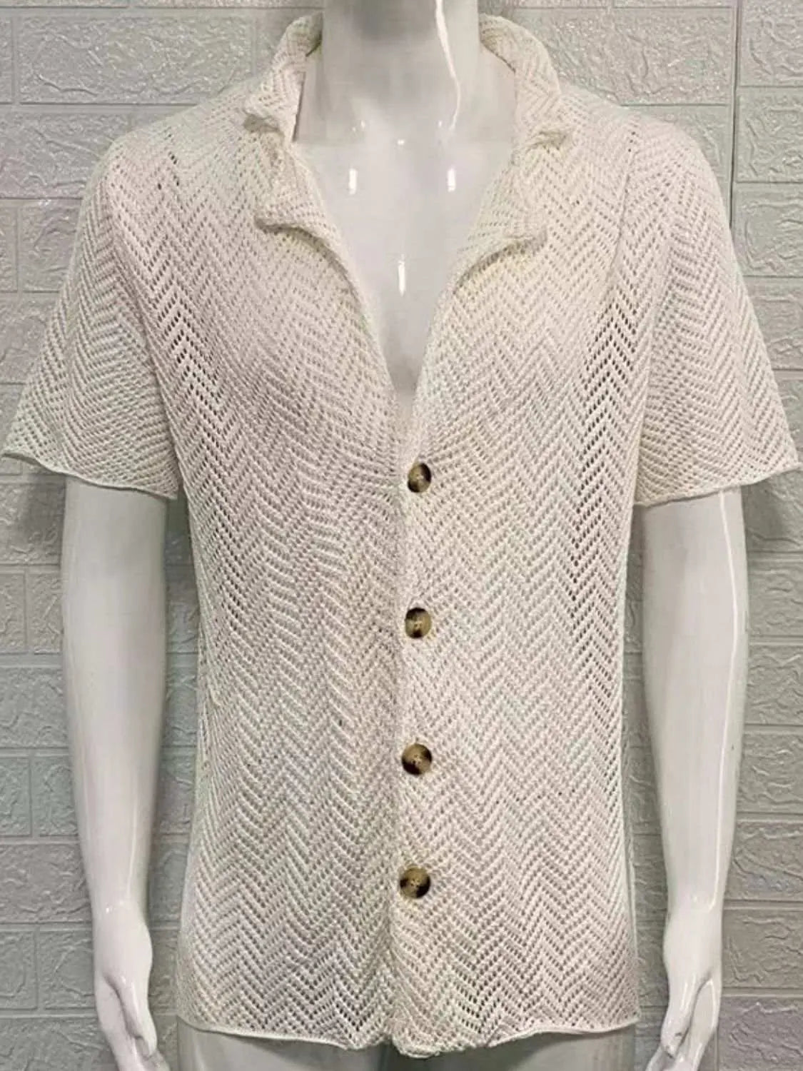 Men's plus size herringbone knit shirt with eyelet button-down front.