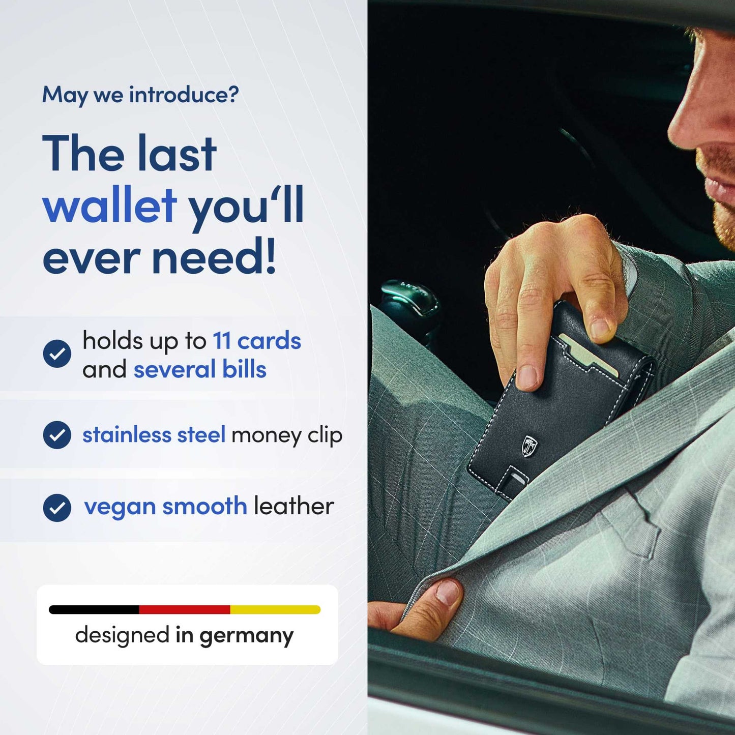 TRAVANDO Mens Slim Wallet with RFID blocking, money clip, and 11 card slots in a sleek design.