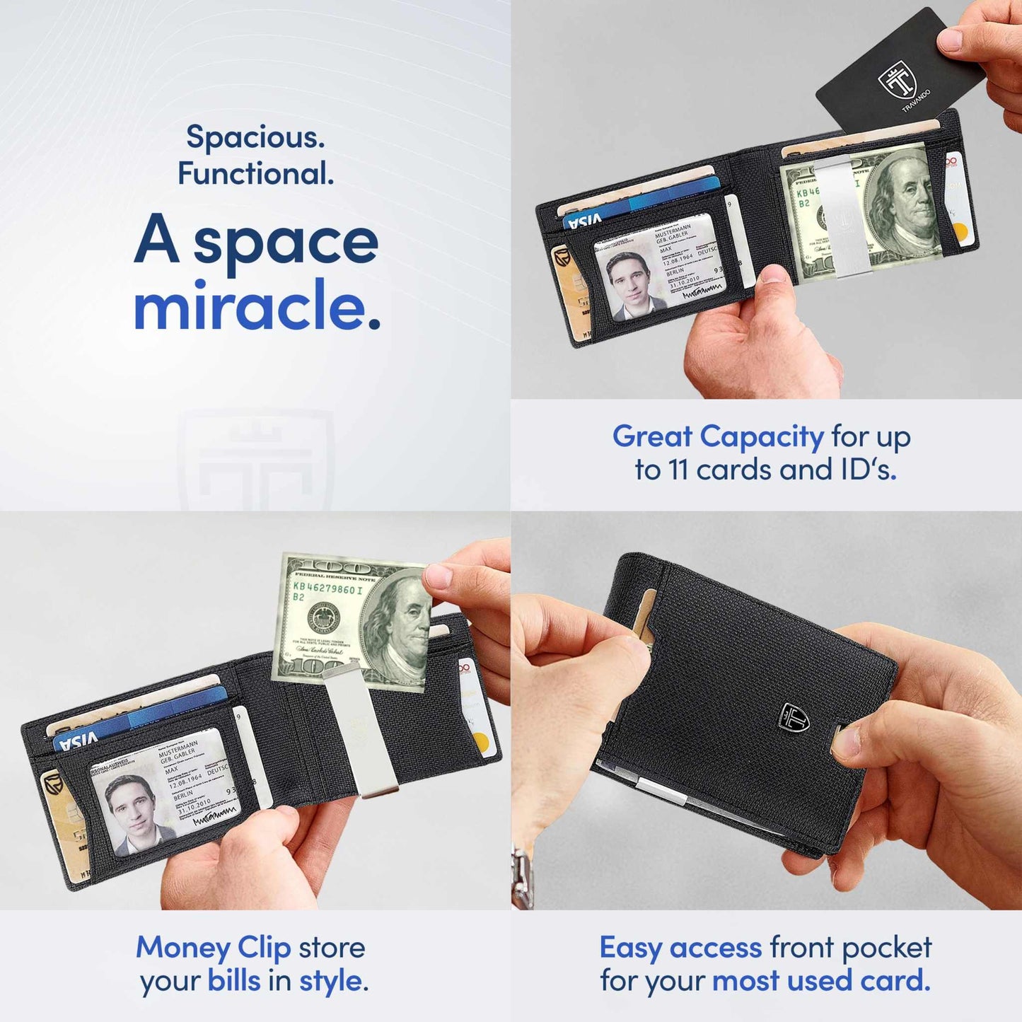 TRAVANDO Mens Slim Wallet with RFID blocking, money clip, and 11 card pockets in use.