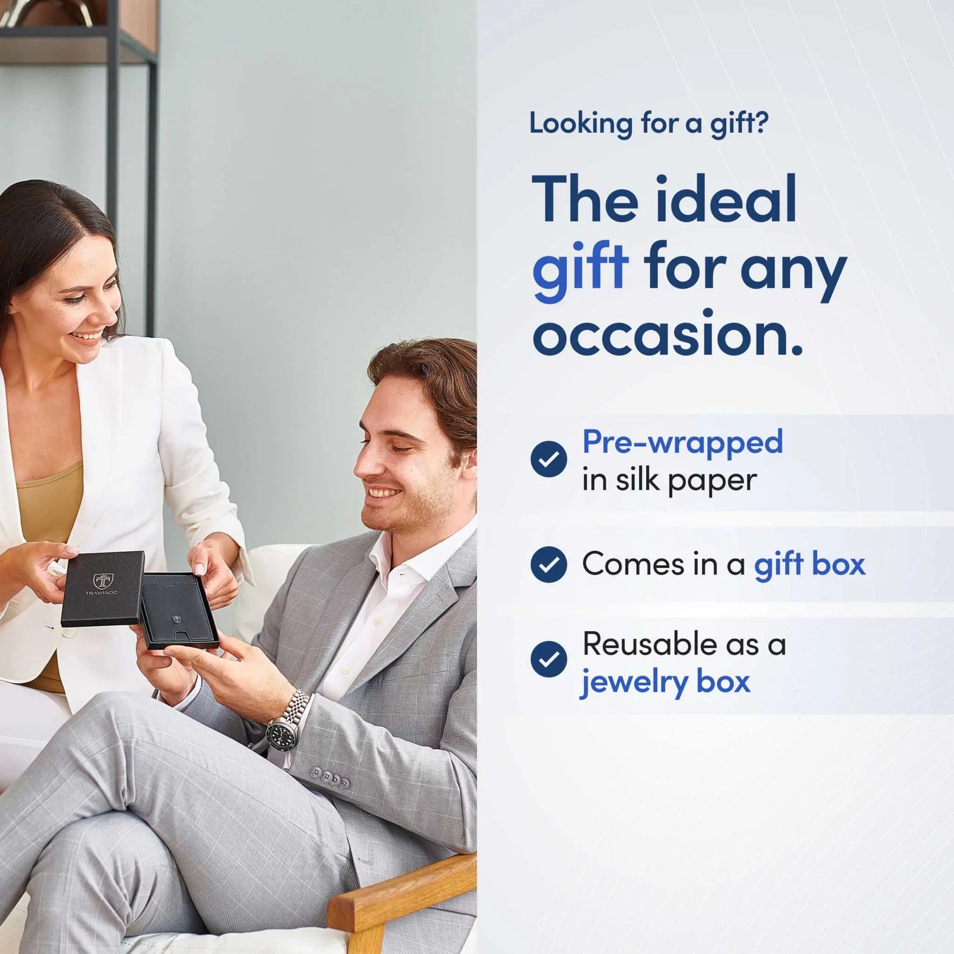 TRAVANDO Mens Slim Wallet with Money Clip, ideal gift, pre-wrapped, gift box, reusable as jewelry box.
