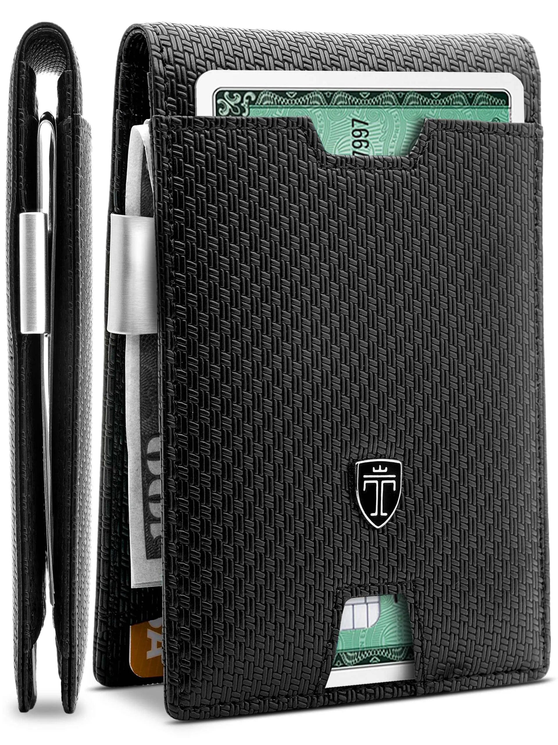 TRAVANDO Mens Slim Wallet with Money Clip AUSTIN, RFID Blocking Bifold with Card Holder in Carbon Design.