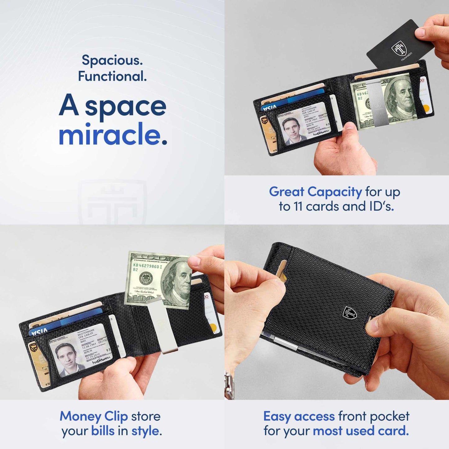 TRAVANDO Mens Slim Wallet with RFID blocking, 11 card pockets, and integrated money clip.