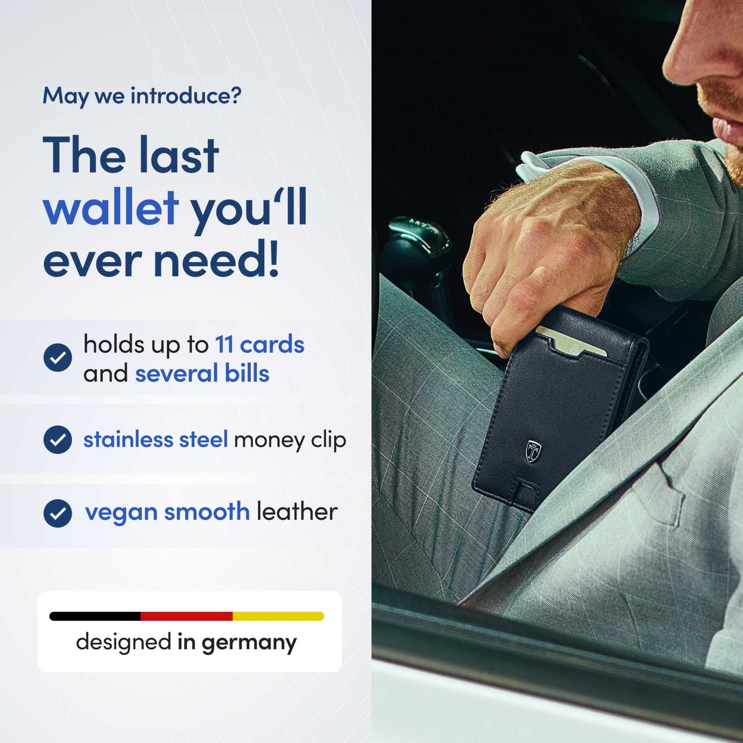 TRAVANDO mens slim wallet with money clip in suit pocket, holds 11 cards, RFID blocking, carbon design, designed in Germany.