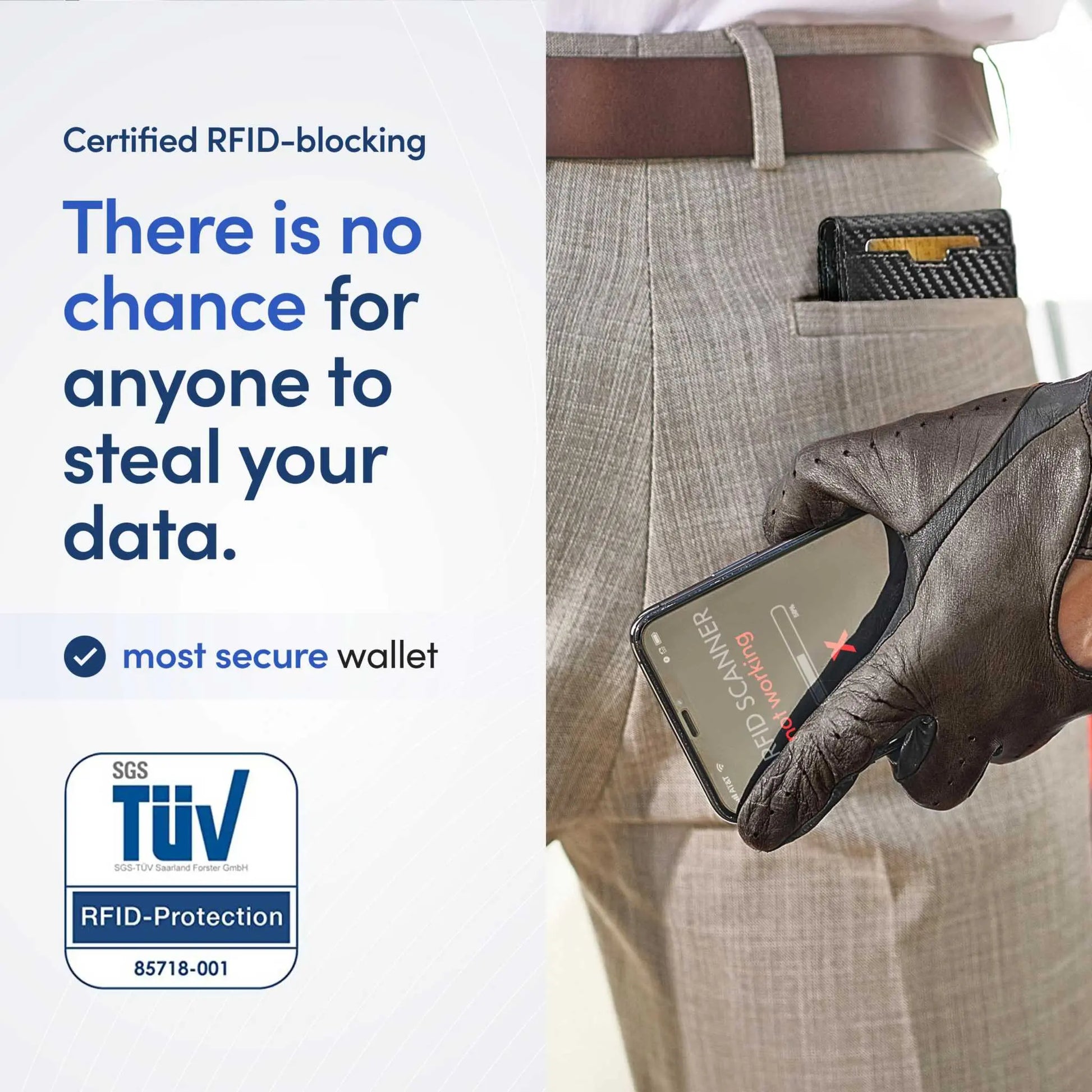 TRAVANDO Mens Slim Wallet with RFID blocking and money clip in a pocket, showcasing security against data theft.