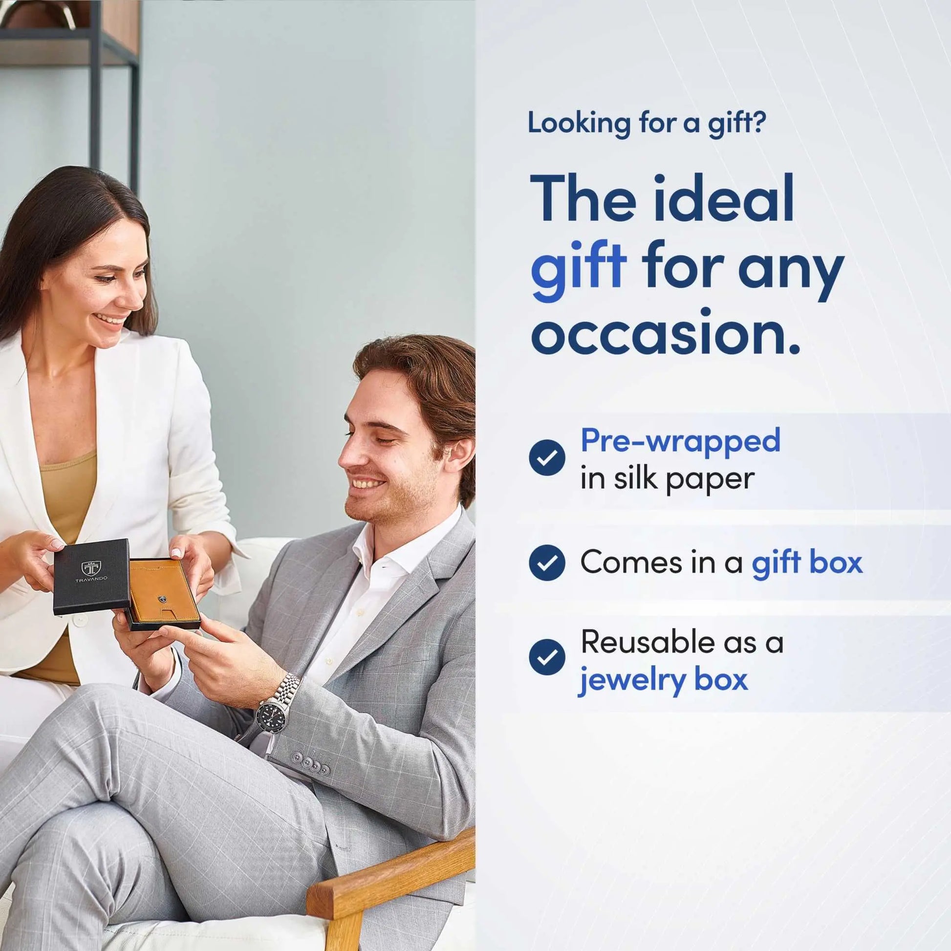 TRAVANDO Mens Slim Wallet with RFID blocking and money clip, presented in gift box.