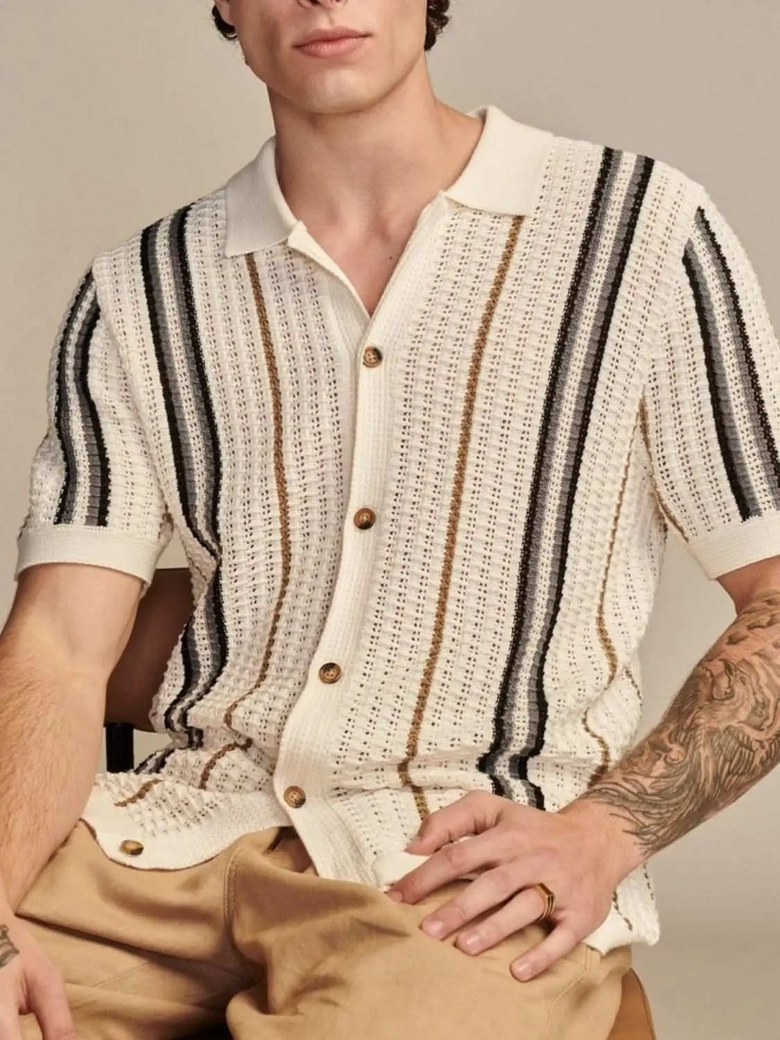 Men's plus size striped collared short sleeve shirt in viscose.