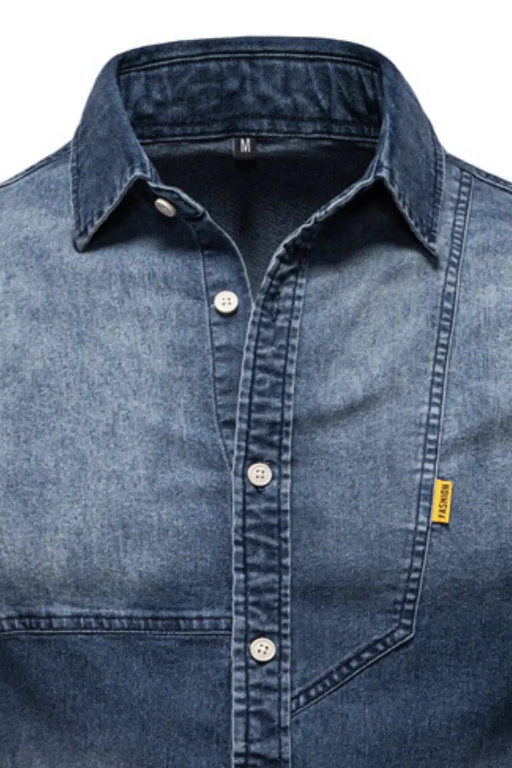 Men's button down collared neck denim shirt with slightly stretchy fabric.