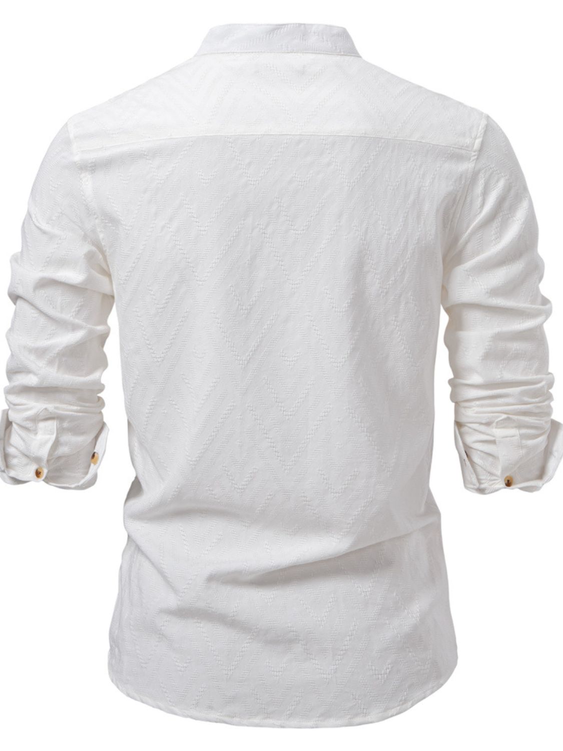 Men's half button geometric texture collared neck shirt, slightly stretchy cotton-rayon blend, basic style.