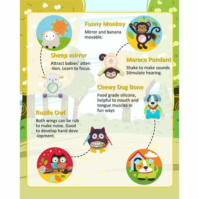 Keeygo Zoo Baby Play Mat with sensory toys; engaging and washable for 0-6 months; includes sheep mirror, maraca pendant, and chewy dog bone.