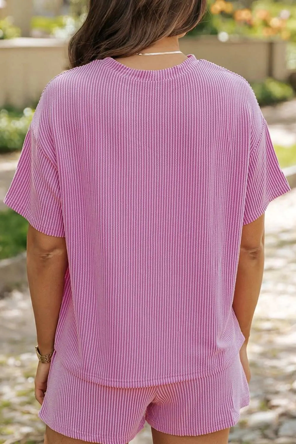 Ribbed sequined Easter bunny T-shirt and shorts set in pink, featuring a slightly stretchy fabric ideal for casual wear.
