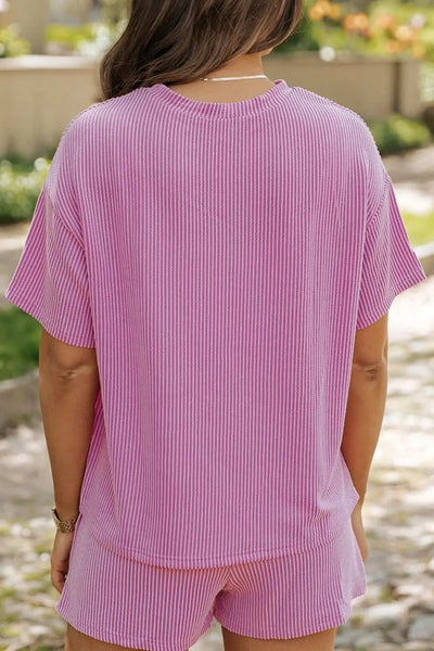 Ribbed sequined Easter bunny T-shirt and shorts set in pink, featuring a slightly stretchy fabric ideal for casual wear.