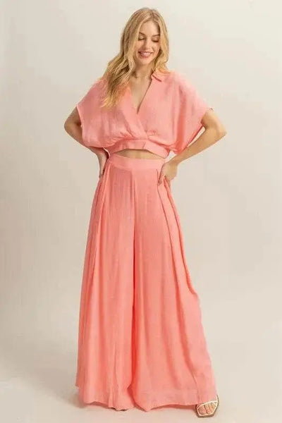 Kimono Sleeve Crop Top and Wide Leg Pants Set in peach, featuring stylish kimono sleeves and a chic silhouette.