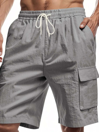 Men's full-size drawstring shorts with cargo pockets, plus size, 100% polyester.
