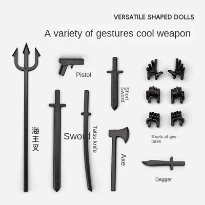 Variety of black weapon accessories and hand gestures for 3D printed assembled puppet.