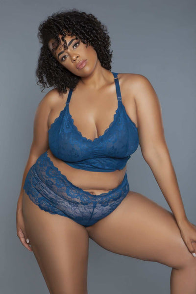 Cindy Lace Cami Set with floral lace bralette and shorty bottoms in blue.