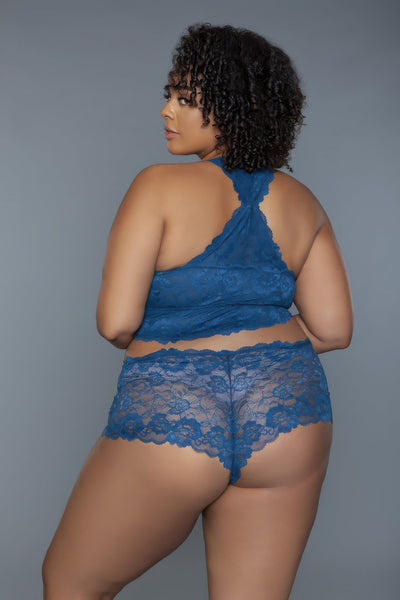 Cindy Lace Cami Set in blue with floral lace bralette and scalloped edge shorty, racerback design, feminine and sheer fit.