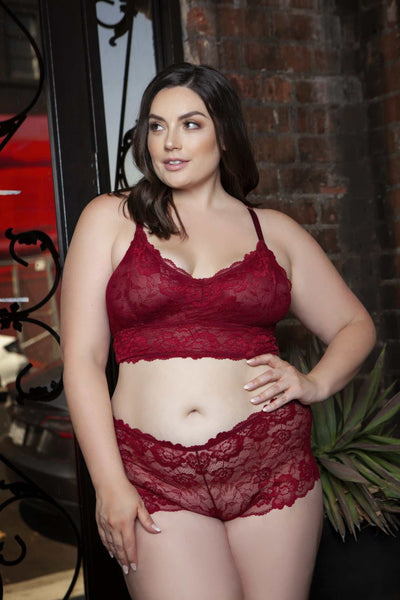 Cindy Lace Cami Set with floral lace bralette and shorty bottoms, showcasing a romantic and comfortable lingerie look.