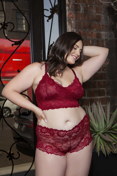 Cindy Lace Cami Set in red with floral lace bralette and matching shorty bottoms, featuring V-neckline and scalloped edges for comfort and style.