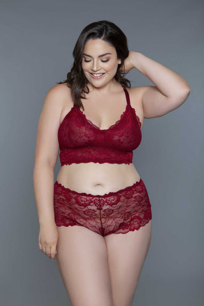 Cindy Lace Cami Set in sheer floral lace with V-neck bralette and scalloped shorty bottoms.