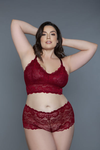Cindy Lace Cami Set featuring floral lace bralette and shorty bottoms in burgundy.
