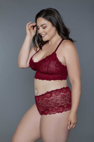 Cindy Lace Cami Set featuring floral lace bralette and scalloped shorty bottoms in red.