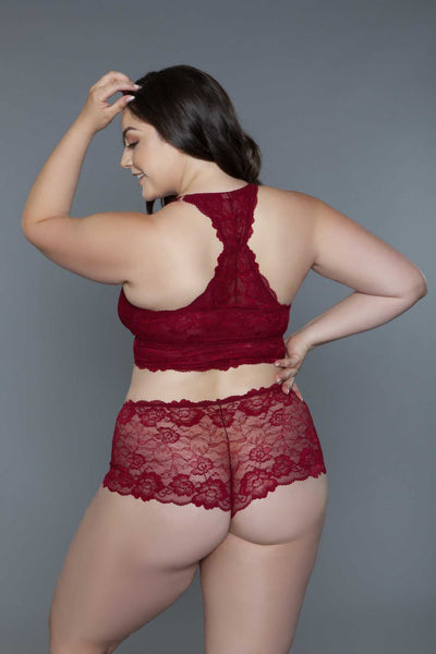 Cindy Lace Cami Set in red with delicate floral lace bralette and cheeky shorty bottoms, featuring racerback design and scalloped edges.
