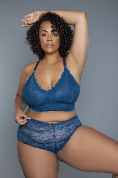 Cindy Lace Cami Set in blue with sheer floral lace, featuring a V-neck bralette and matching scalloped shorty bottoms.