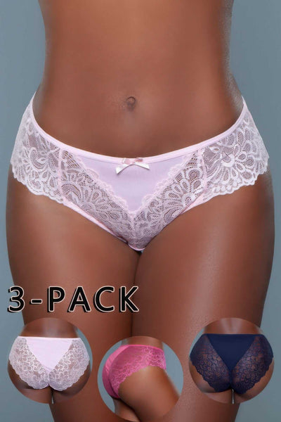 Tracy Brief 3-Pack with floral lace and scalloped hem in assorted colors.