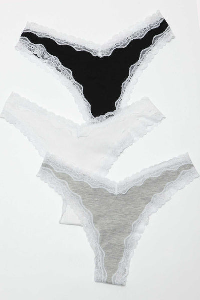 Sam Thong 3 Pack featuring soft jersey fabric thongs with contrast lace trim in assorted colors.
