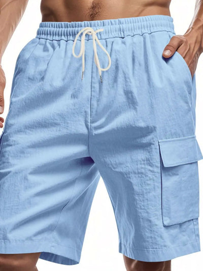 Men's full-size blue drawstring shorts with cargo pockets.