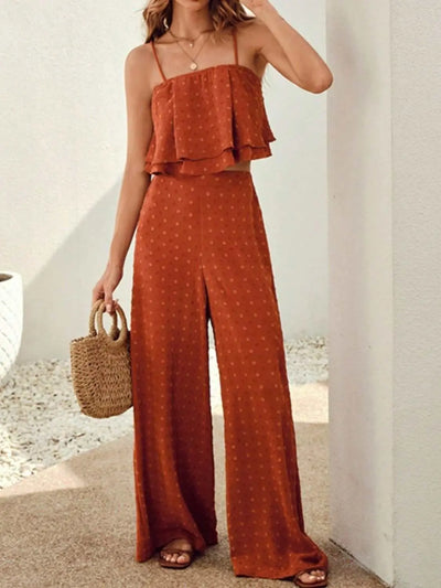 Swiss Dot Layered Cami and Pants Set in rust color, two-piece, no stretch.