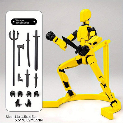 3D printed assembled puppet toy with movable flexible joints in yellow with weapon accessories.