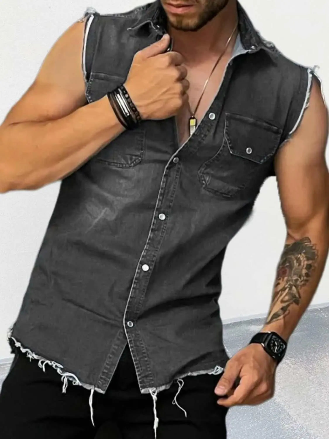 Men's sleeveless denim shirt with snap-down front, pockets, and distressed hem.