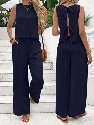 Tie Back Round Neck Top and Pants Set, navy, two-piece, bow detail, 95% polyester, 5% spandex.
