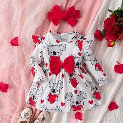 Bow Ruffled Long Sleeve Dress with Koala Print for Baby Girl