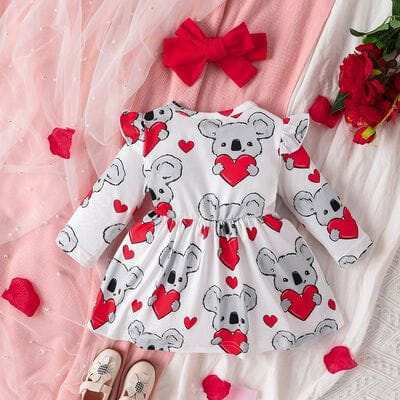 Bow Ruffled Long Sleeve Dress with Koala Print for Baby Girl