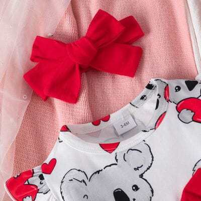 Bow Ruffled Long Sleeve Dress with Koala Print for Baby Girl