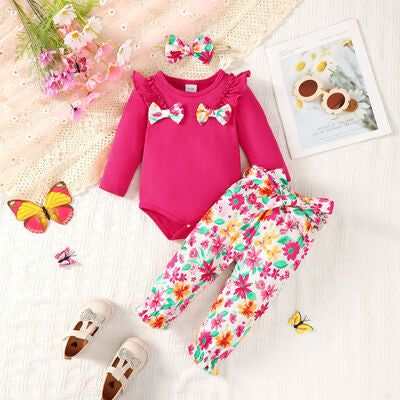 Little Girls Bow Round Neck Ruffled Bodysuit and Printed Pants Set