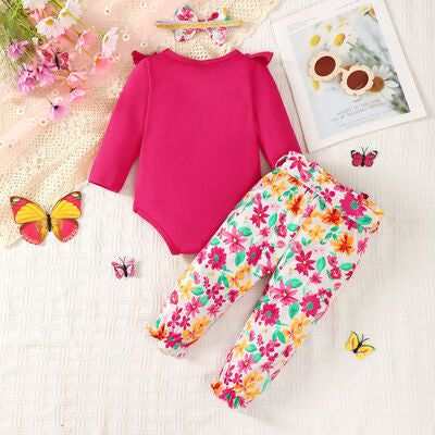 Little Girls Bow Round Neck Ruffled Bodysuit and Printed Pants Set