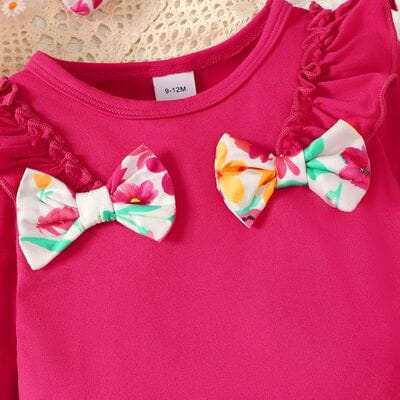 Little Girls Bow Round Neck Ruffled Bodysuit and Printed Pants Set