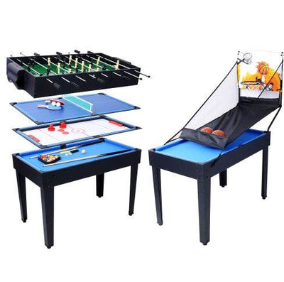 5-in-1 game table with billiards, push hockey, foosball, ping pong, and basketball setup.