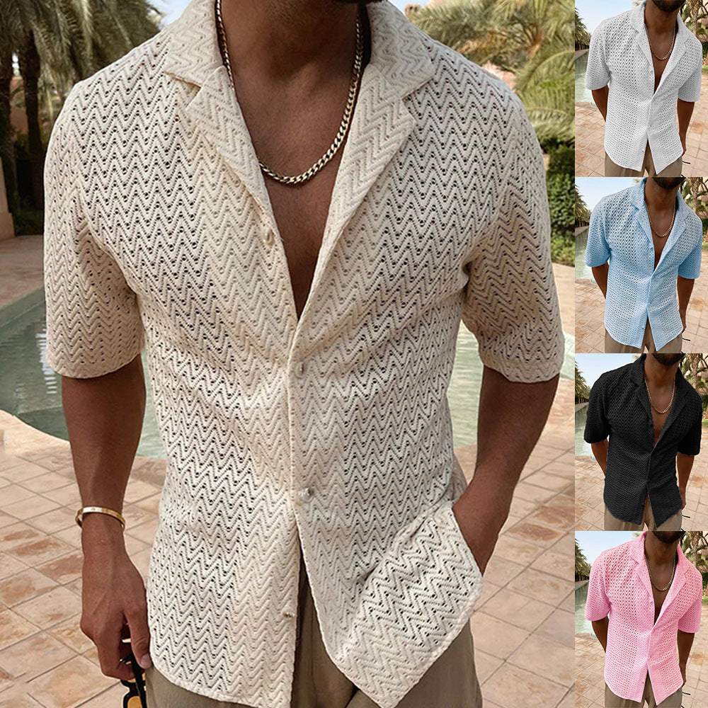 Men's plus size herringbone eyelet button-down knit shirt, slightly stretchy, acrylic and polyester blend, various colors.