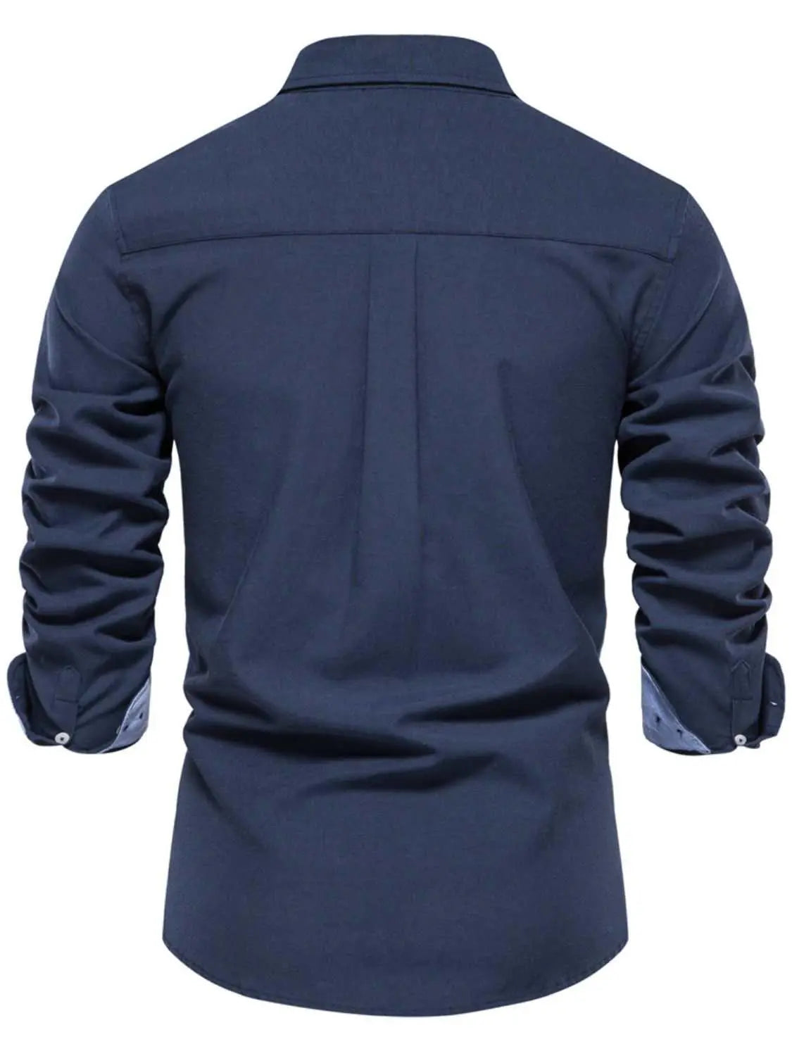 Men's button down collared neck shirt in navy blue, back view, slightly stretchy fabric with pocket.
