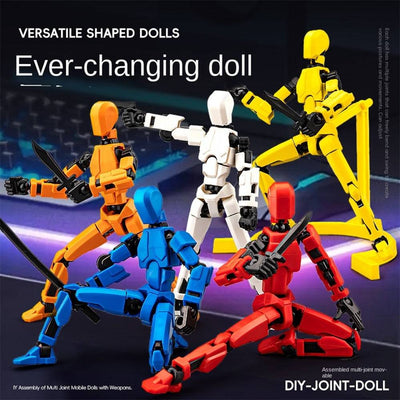 Colorful 3D printed puppet toys with flexible joints in various poses.