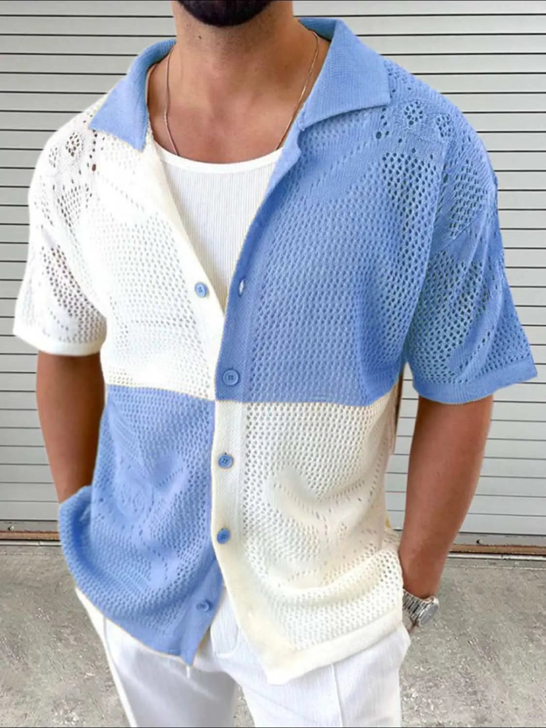 Men's contrast button down hollow out shirt in blue and white, slightly stretchy polyester.