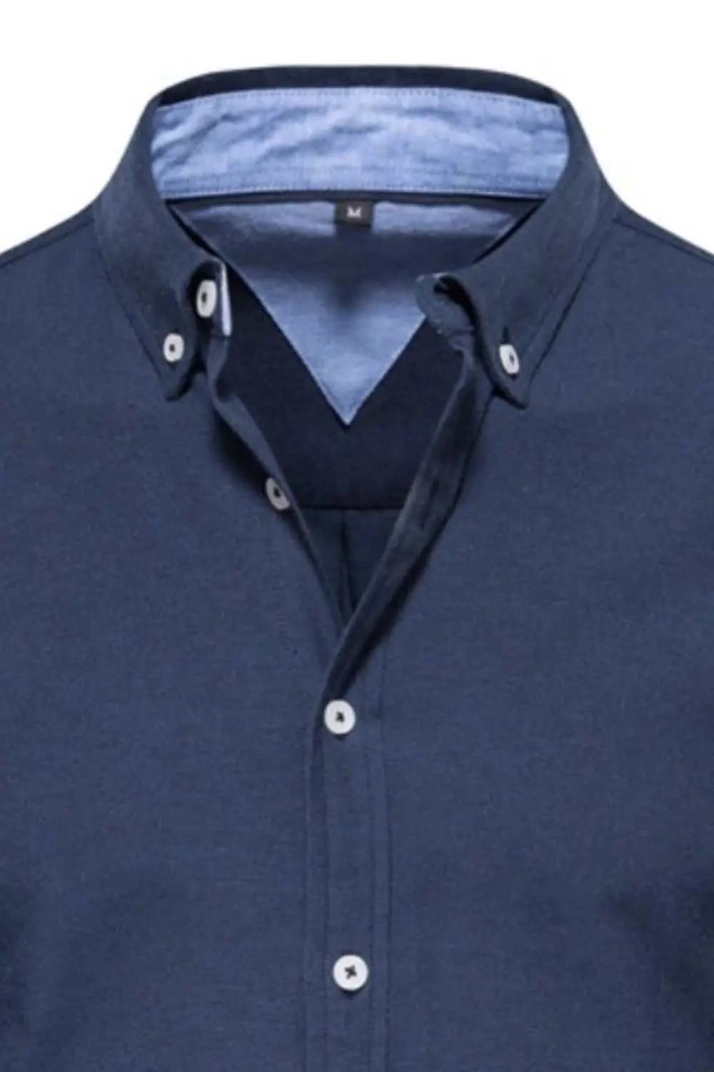 Men's button down collared neck shirt with pockets and slight stretch, in navy blue.