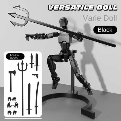 3D printed assembled puppet toy with movable joints and accessories in black.
