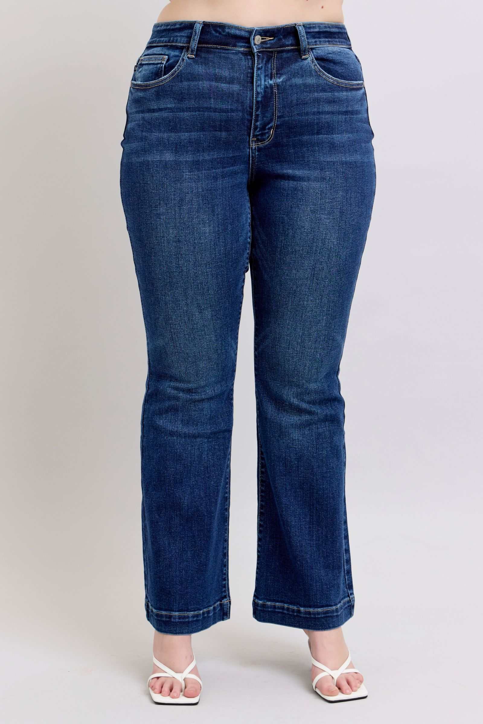 Judy Blue full size high rise flare jeans with pockets, plus size.