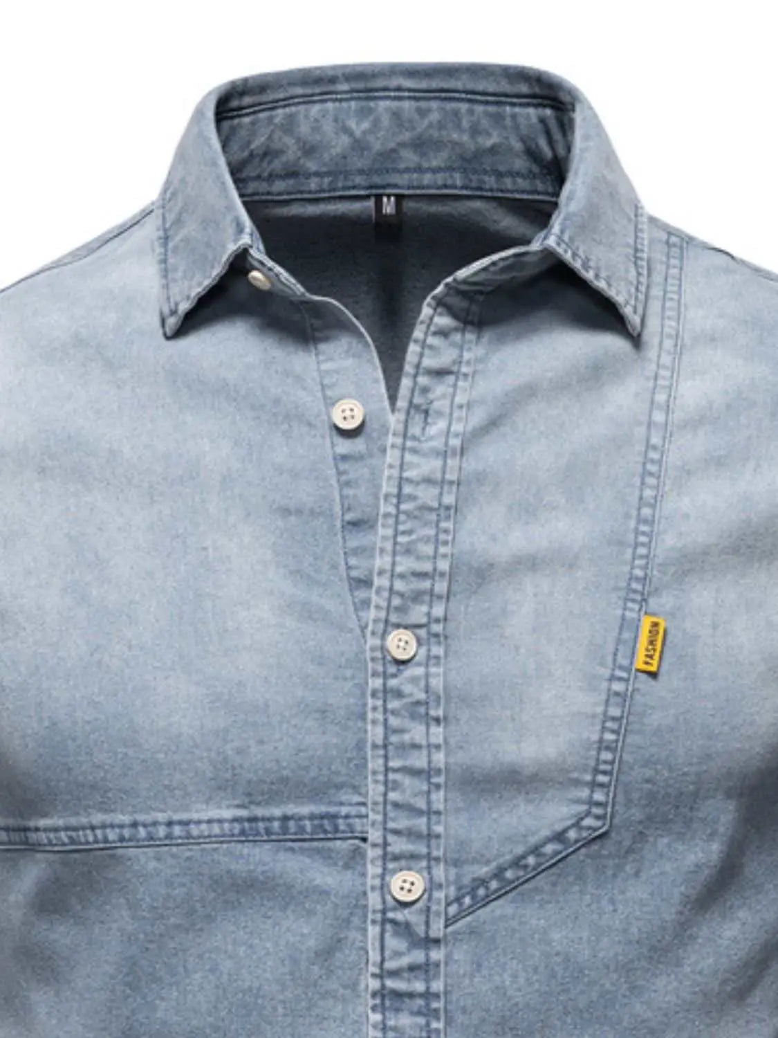 Men's button down collared neck denim shirt in light blue denim fabric.