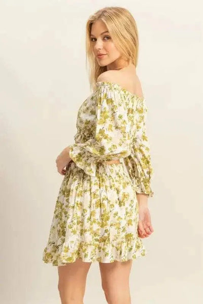 Floral off-shoulder flounce sleeve top and skirt set in green and white.